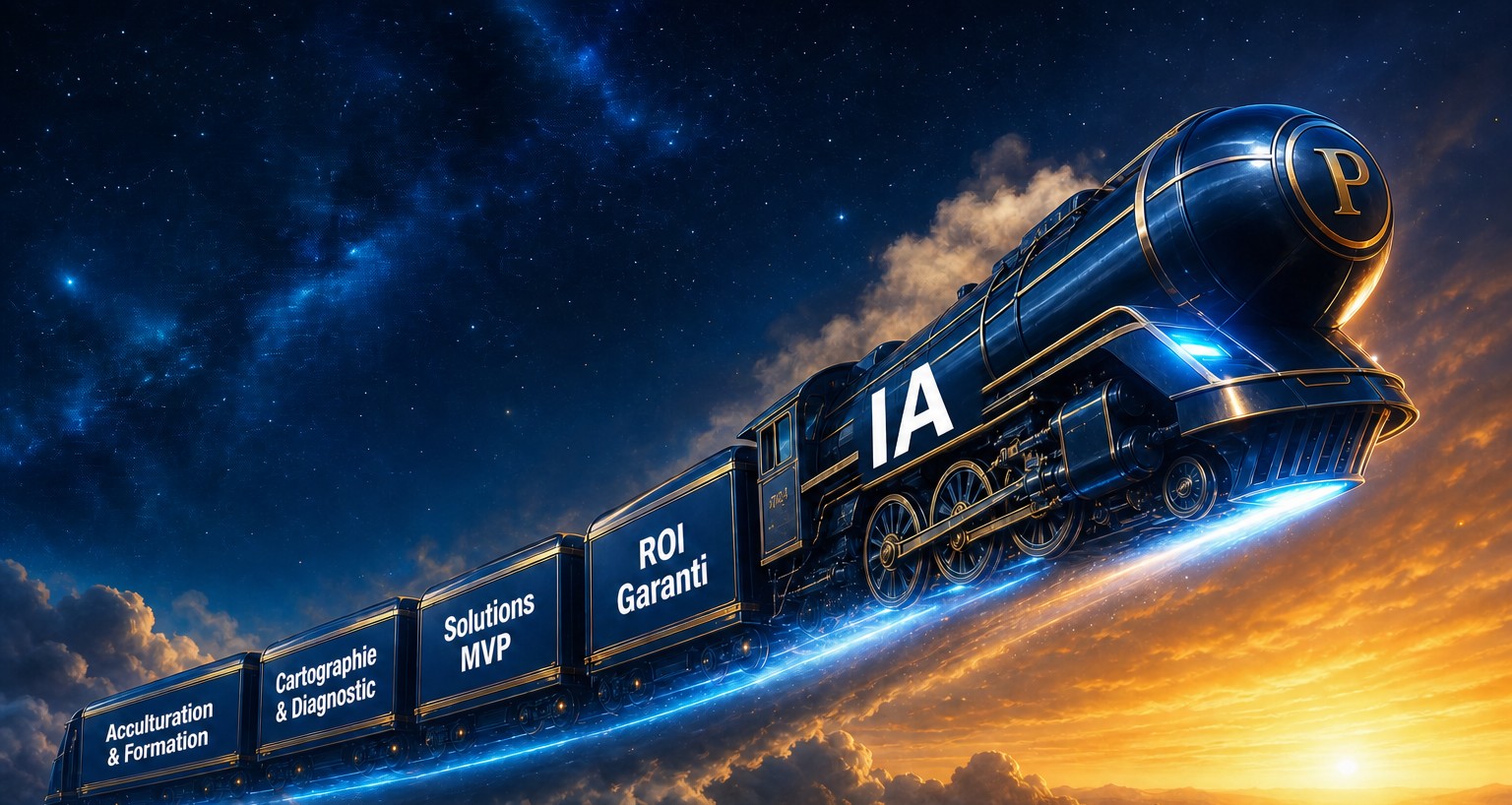 Locomotive IA du Cabinet IA filant dans un ciel étoilé vers le lever du soleil, suivie de ses wagons d'offres